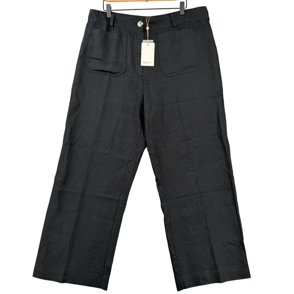 Quince European Linen Patch Pocket Wide Leg Pants Black 16 Minimalist Neutral